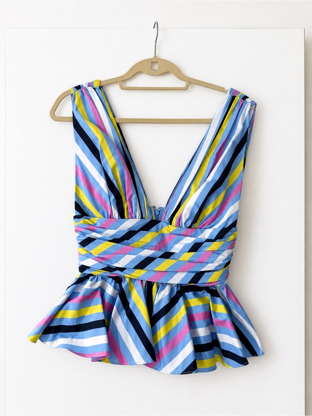 NWOT Caroline Constas Striped Peplum One-Piece in Blue, Yellow, Pink, Navy